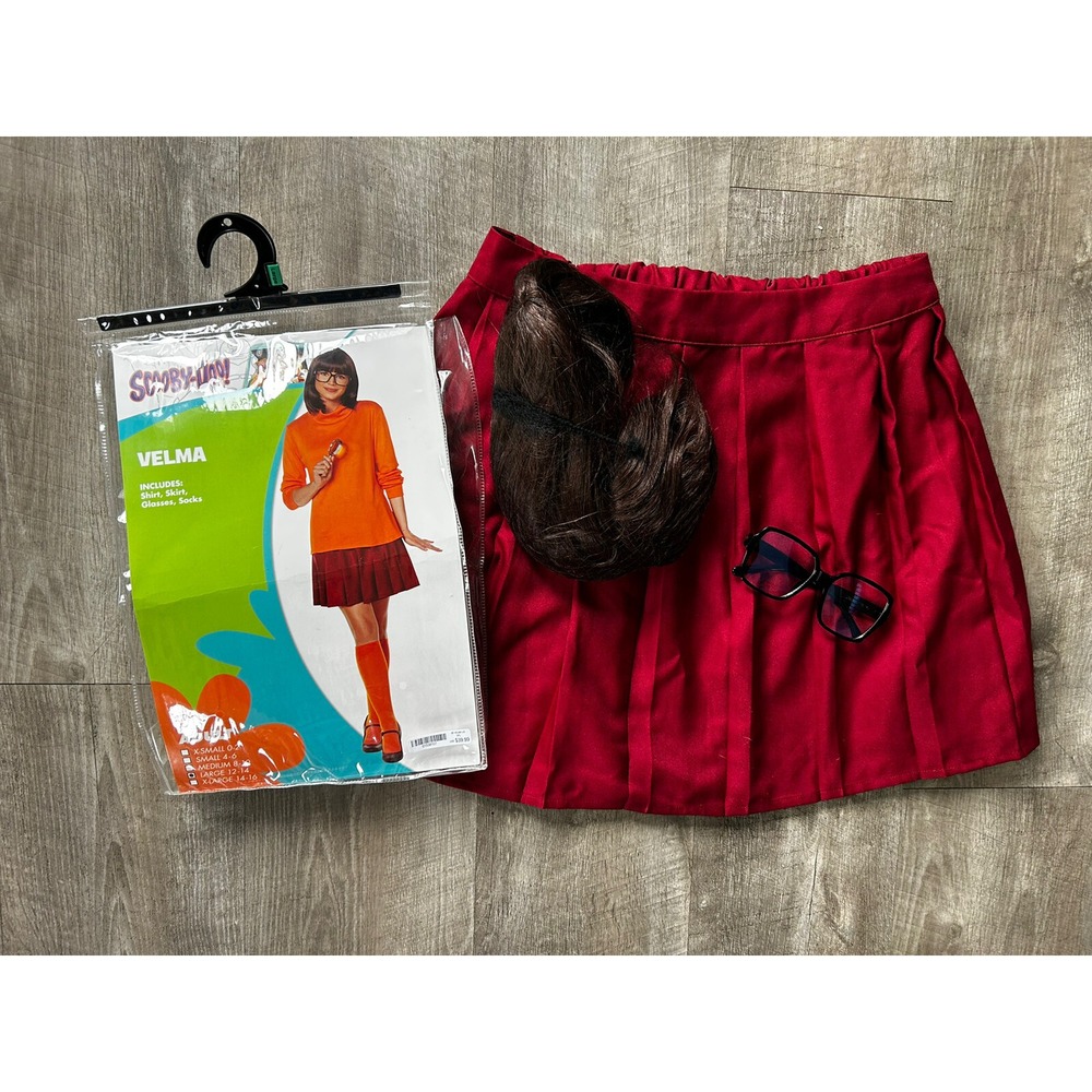 Scooby Doo Velma Costume Wig Hair Bangs Skirt & Glasses **no socks shirt** Large